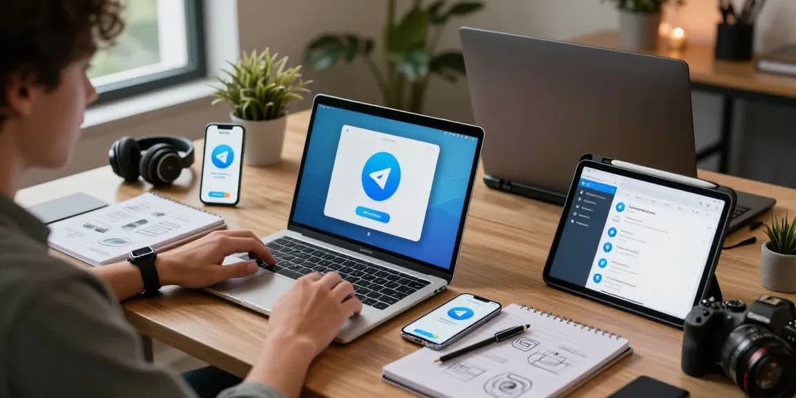 Seamless Telegram Download experience on a stylish tech workspace with devices.
