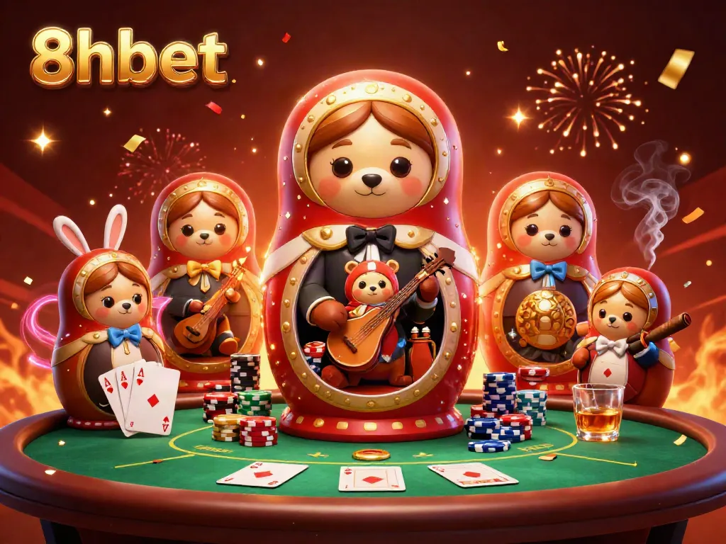 Experience thrilling poker action with 8xbet through vibrant 3D casino illustration featuring playful characters.