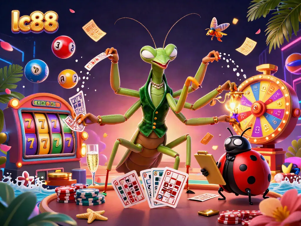 Enjoy the dynamic scene of lc88 with a mantis dealer, vibrant casino elements, and energetic atmosphere.