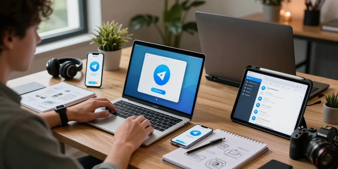 Seamless Telegram Download experience on a stylish tech workspace with devices.