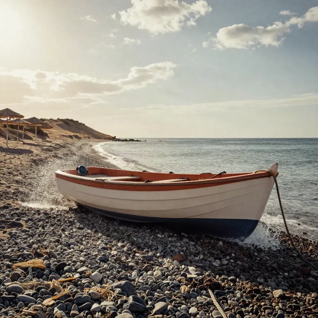 Rodbåt skvätter mot mörka klapperstenar på Rhodos strand i september.