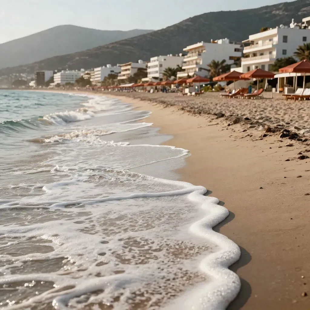 Strandremsa på Kreta med vågskum, parasoller, hotell och berg i kvällsljus.