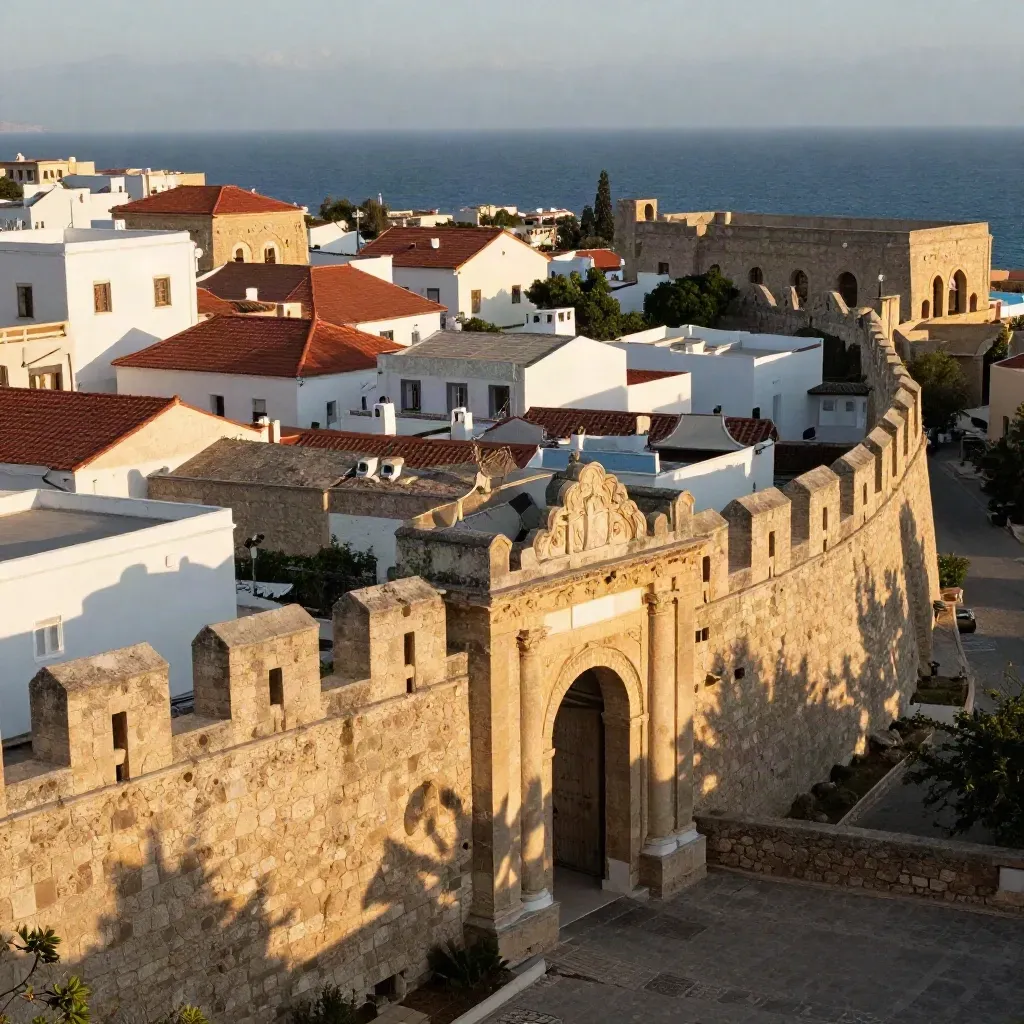 Solbelyst stenport och murar i Rhodos gamla stad med gränder och hav bortom taken.