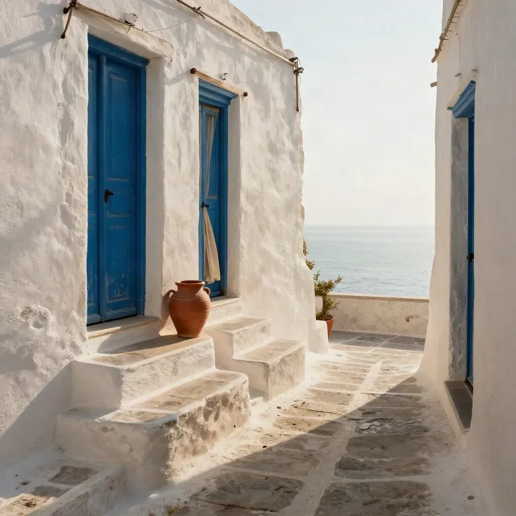 Vitkalkad gränd på Naxos med blå dörrar, trappa och havsljus i fjärran.