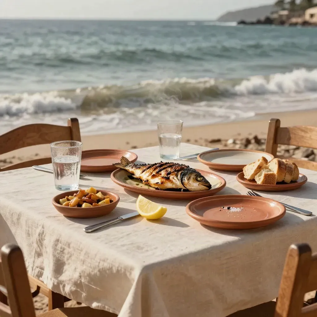 Grillad fisk och meze på bord vid havet med sol och vågor i bakgrunden.