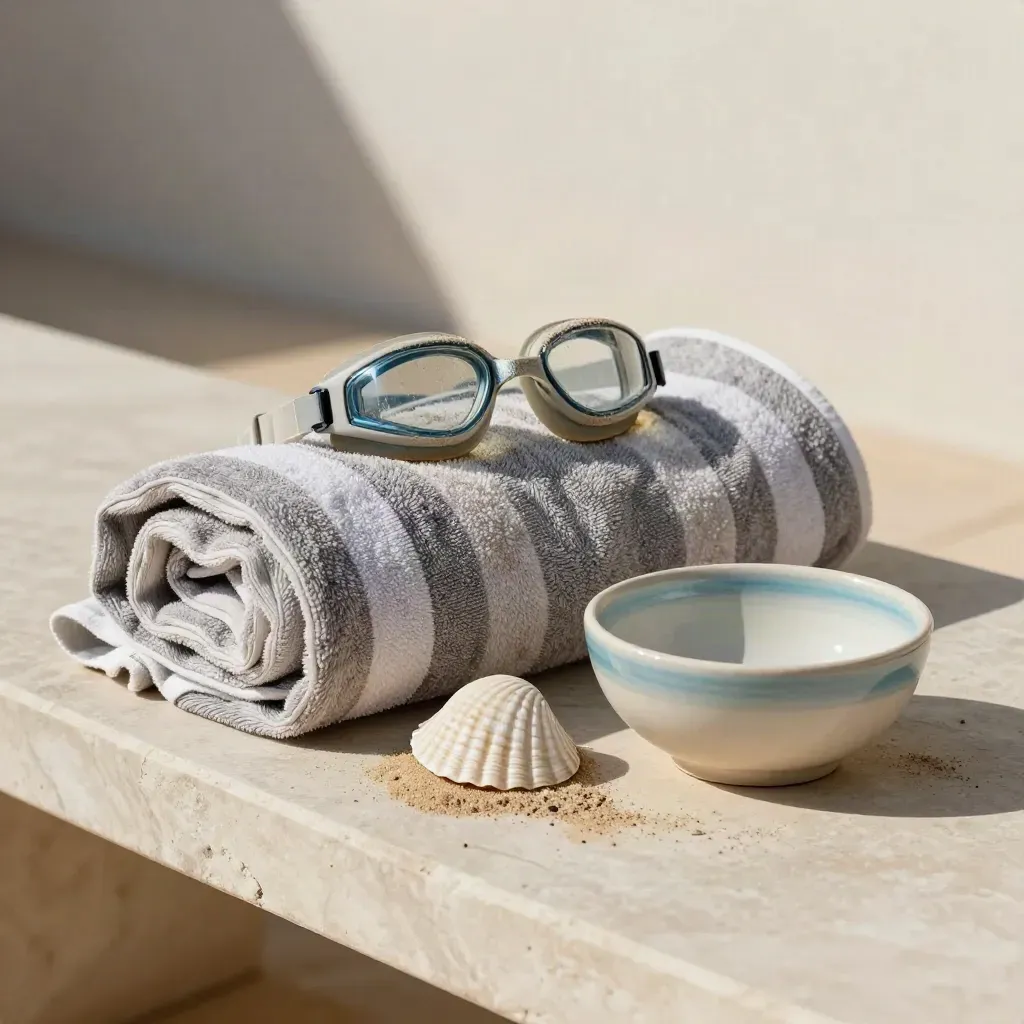 Randig strandhandduk, sandiga badglasögon, snäcka och keramikskål på ljus stenbänk.