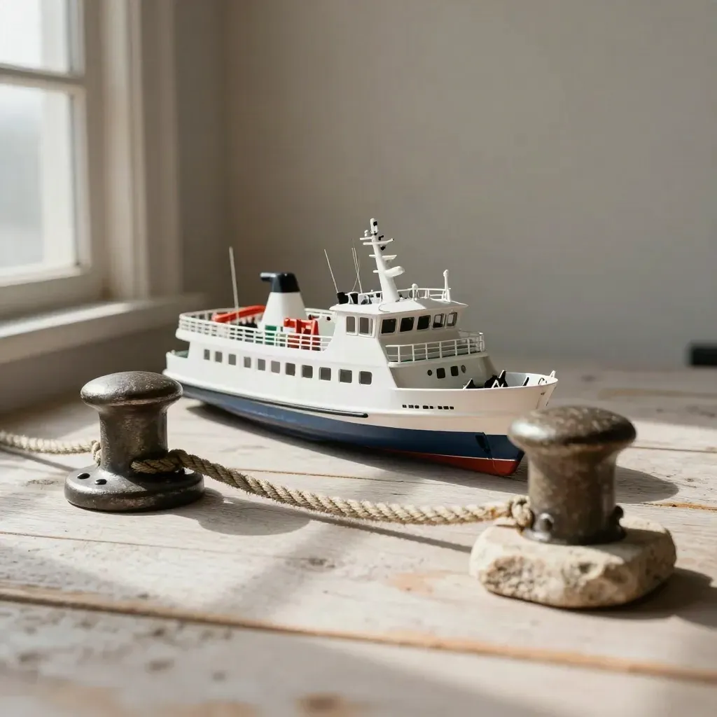 Vit modellfärja med tamp, kajpollare och stenbit på ljus träyta, sedd uppifrån.