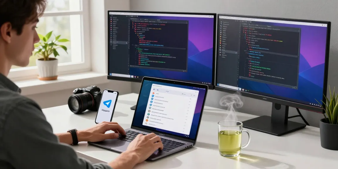 Setting up Telegram Chinese language settings in a modern tech workspace, with devices displaying colorful interfaces.