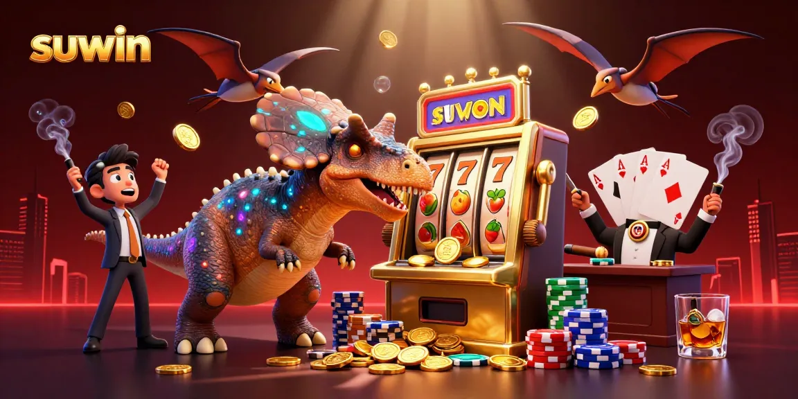 Suwin jackpot adventure: A cartoon dinosaur interacts with a golden slot machine amidst a casino scene.